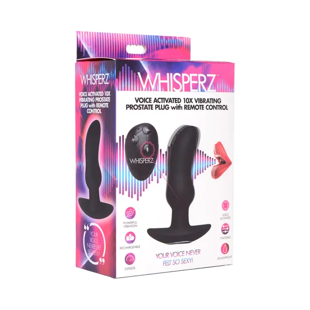 Black Whisperz curved prostate plug and round voice remote on pink retail box