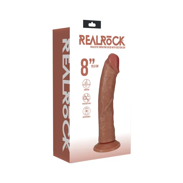 Shots RealRock tan 8-inch curved dildo product pictured on white and brown retail box