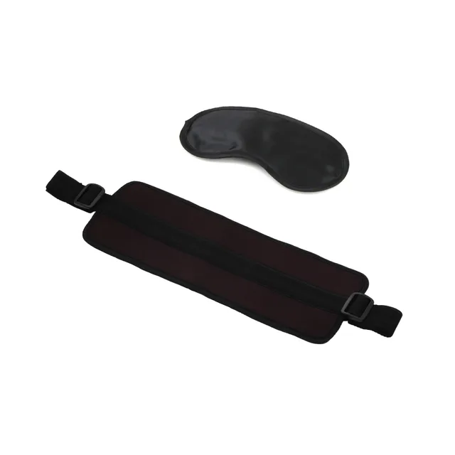 Lux Fetish Position Support Strap padded strap and black eye mask laid flat