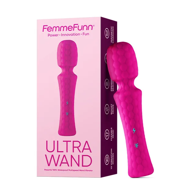 FemmeFunn Ultra Wand hot pink vibrator beside matching pink retail box