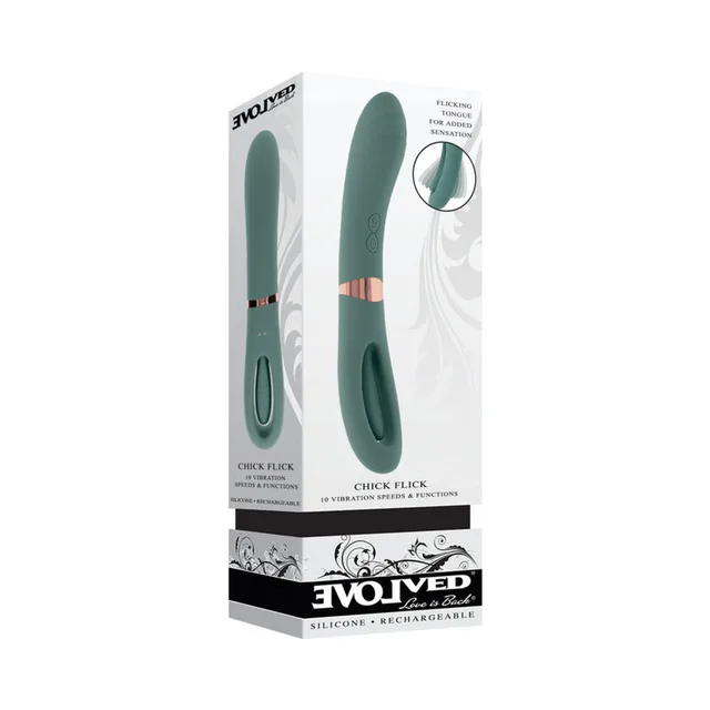 mint Evolved Chick Flick dual-ended vibrator standing beside its white retail box