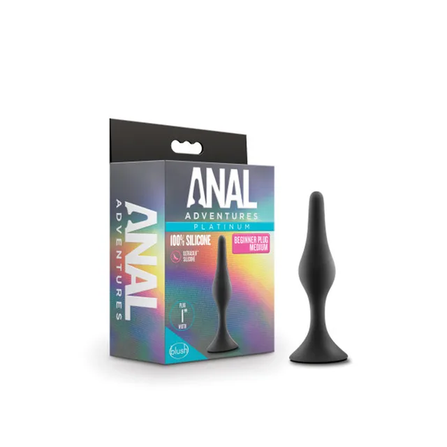 Medium black Anal Adventures plug beside retail package