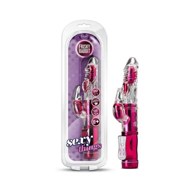 Pink Frisky Rabbit vibrator beside clear Sexy Things package