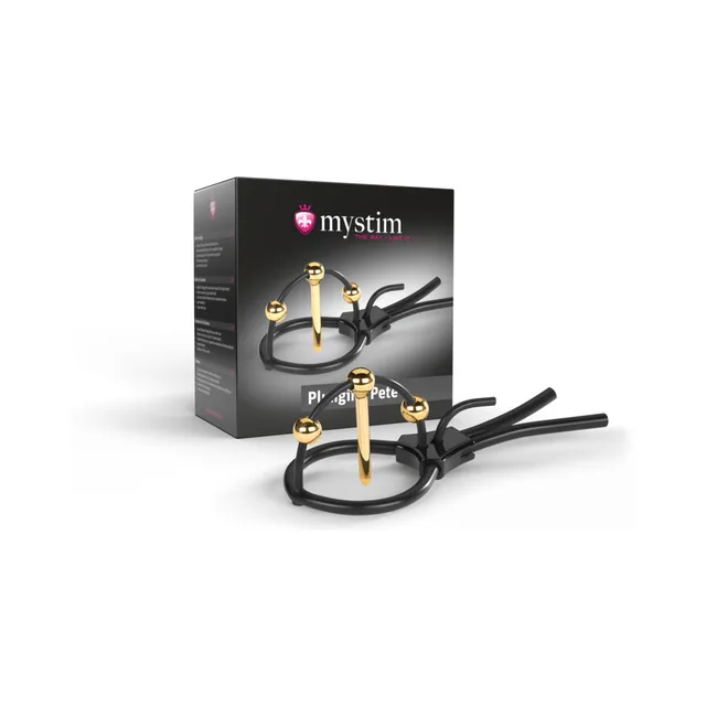 Mystim Plunging Pete corona strap with gold urethral sound and electrode posts beside black box