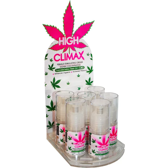 High Climax Six Bottle Counter Display six pump bottles in clear round tray with white header