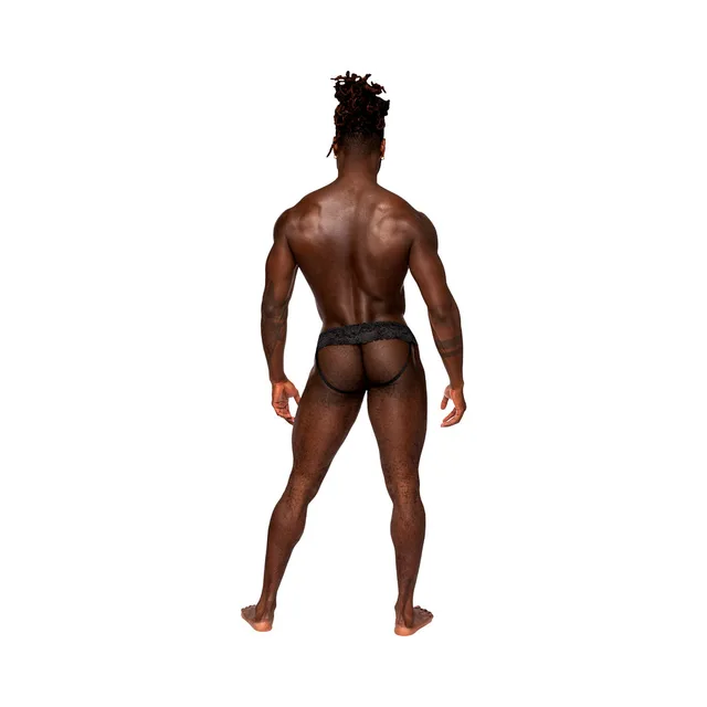 Rear view of black skirt jock with open strap back