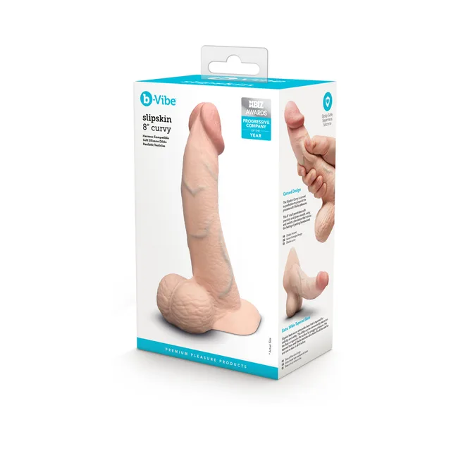 Cream 8-inch Slipskin Curvy dildo beside retail box