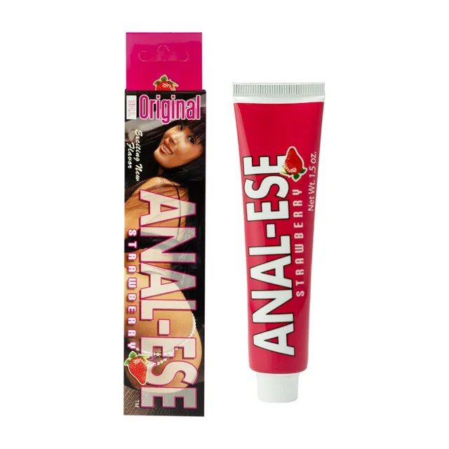Anal-Ese Strawberry Cream 1.5 oz large red tube beside hanging retail box