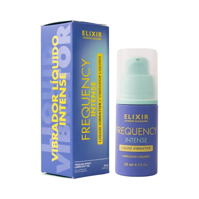 Elixir Frequency Intense Liquid Vibrator 0.5 oz purple pump bottle beside blue retail carton