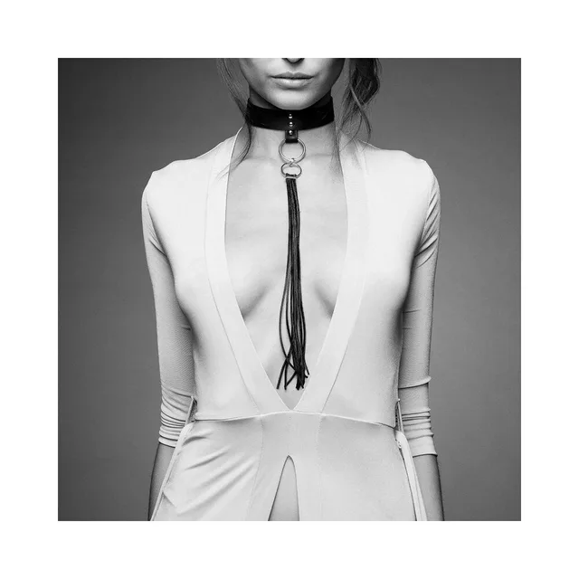 black Maze choker with silver center ring and long hanging tassel strands worn by model