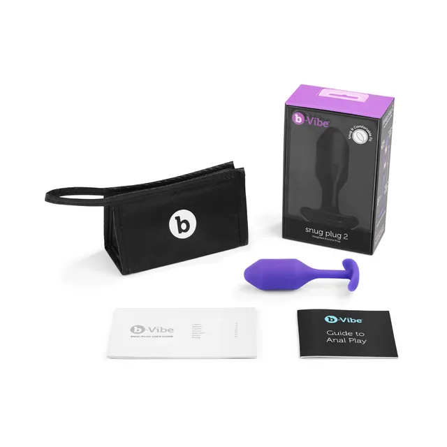 Purple b-Vibe Snug Plug 2 with pouch, box and printed guides