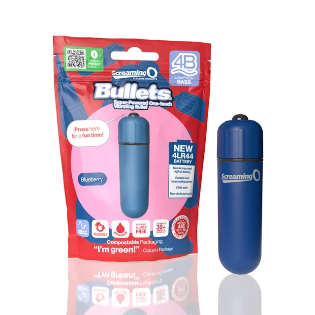 Screaming O 4B Blueberry bullet beside retail pouch