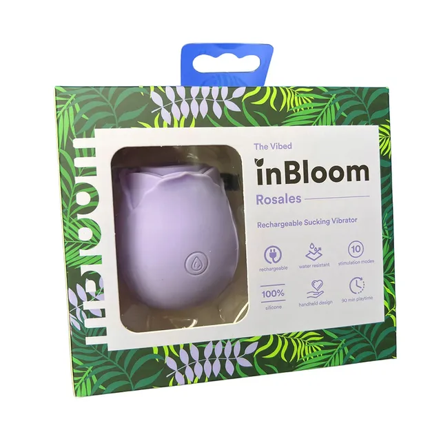 inBloom Rosales lavender suction vibrator in green retail box