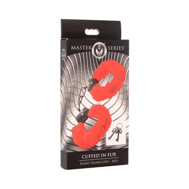 red faux-fur Master Series metal handcuffs with chain and two keys on box