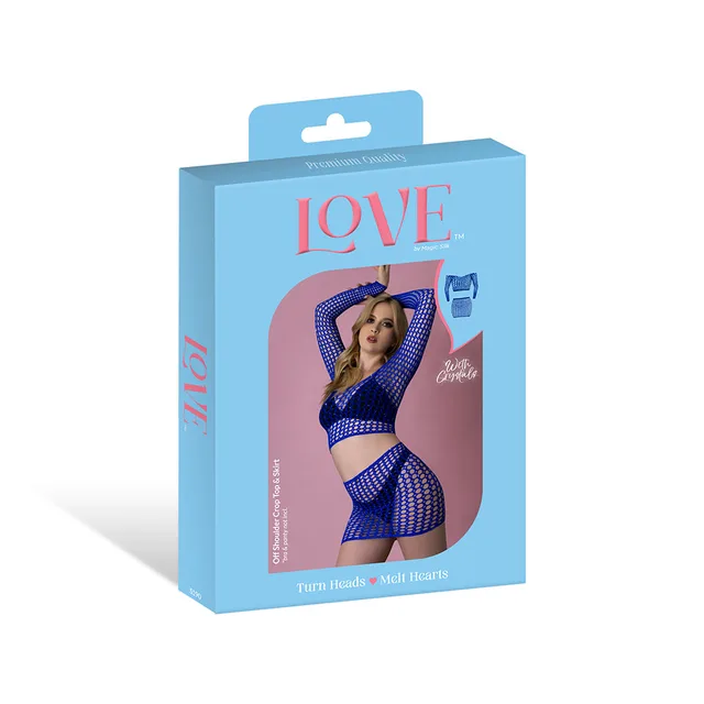 Magic Silk seamless blue crop top and skirt set displayed in blue retail packaging