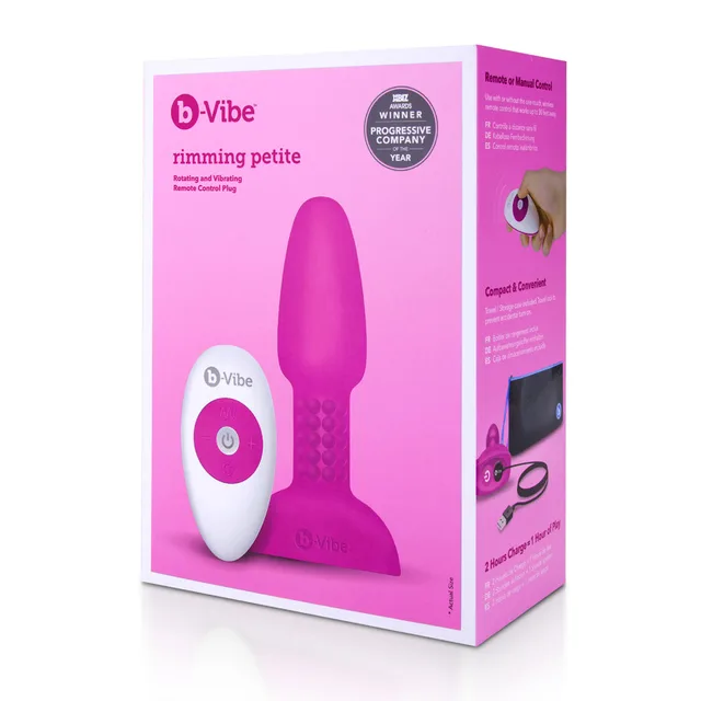 fuchsia b-Vibe Rimming Plug Petite and white wireless remote beside pink retail box