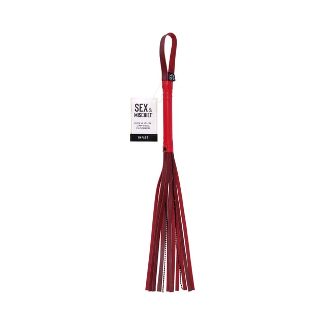 Red Ex's and Oh's crystal flogger hanging vertically with retail tag