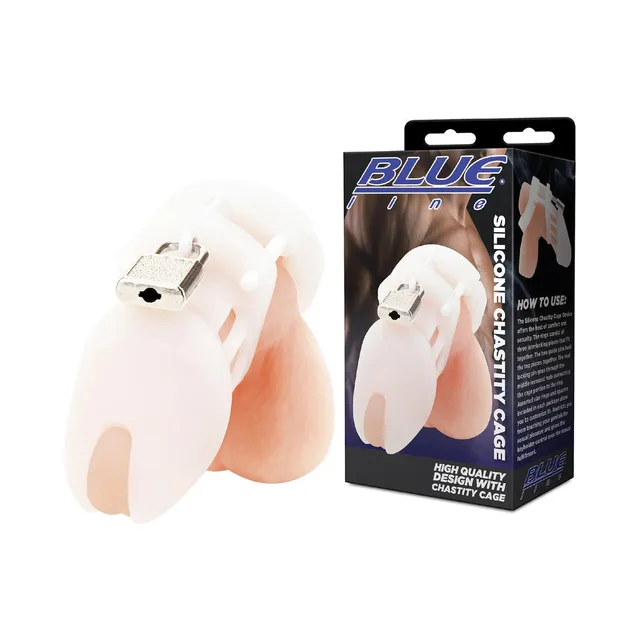 White Blue Line silicone chastity cage beside black retail box