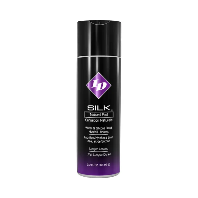 ID Silk Hybrid Lubricant 2.2 oz tall black bottle with purple lower panel