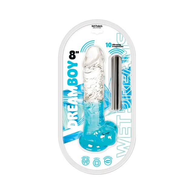 Clear and aqua 8-inch Dream Boy dildo with white bullet in package