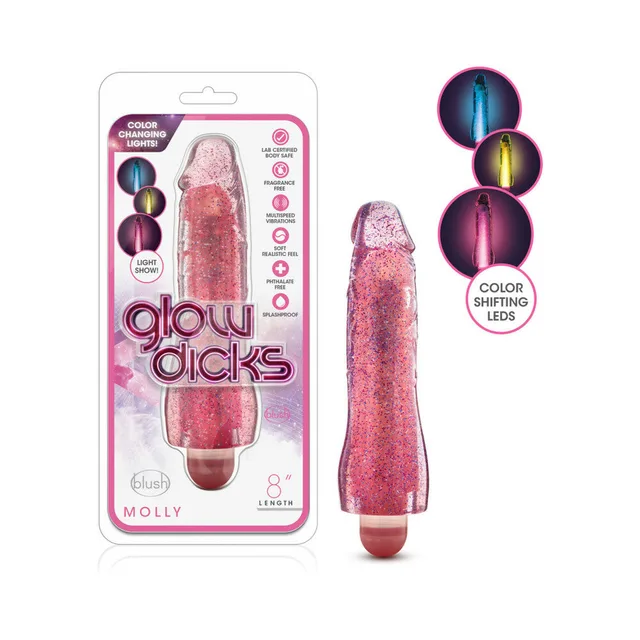Blush Glow Dicks Molly glitter-pink vibrator beside black retail package with color-shift callout