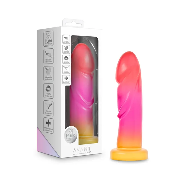 Blush Avant Artisan Sunburst gradient silicone dildo retail box beside the coral, pink and yellow dildo