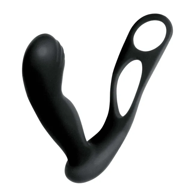 Black Butts Up curved massager with integrated scrotum and cock rings