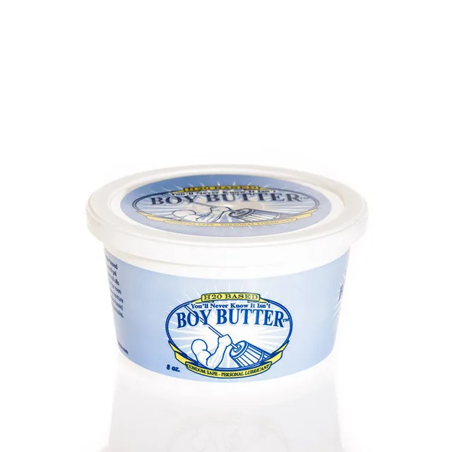 Boy Butter H2O 8 oz low white tub with pale blue wraparound label