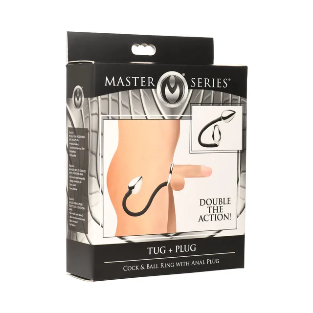 Tug and Plug box showing black cock ring connected to silver-tone anal plug