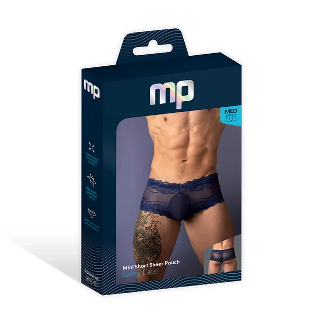 Male Power Sassy Lace Mini Short in navy size M displayed in a navy window retail box