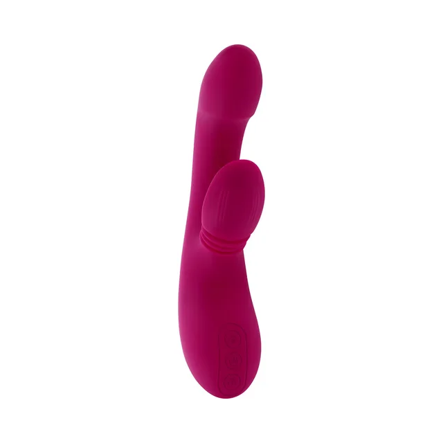 Evolved Gentle Persuasion burgundy dual massager front view of the curved shaft and ribbed oval side massager