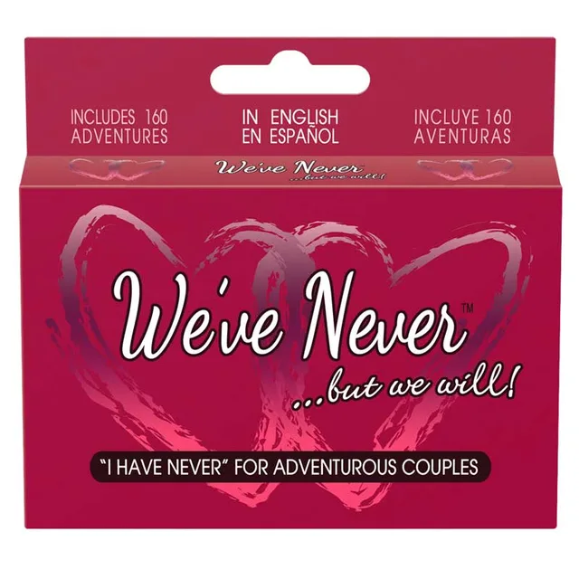 Kheper Games We’ve Never red hanging game box with heart graphics and white script