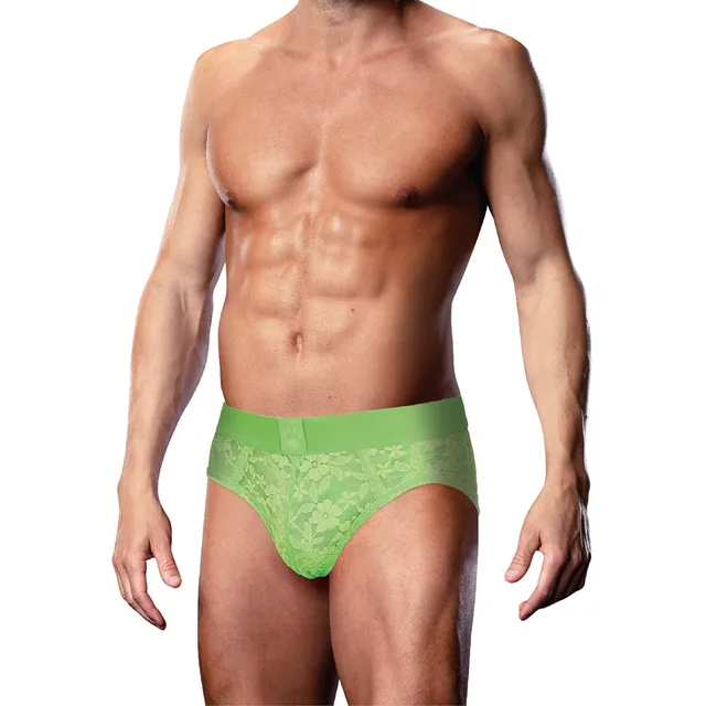 Front view of neon-green Prowler lace brief size L