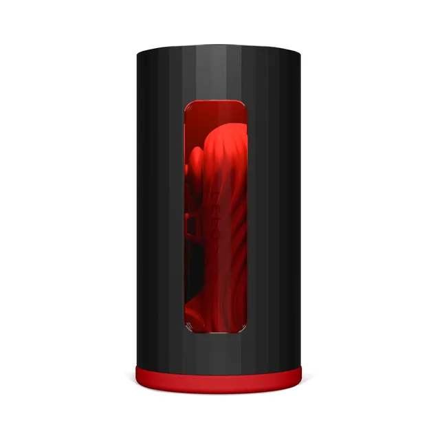 red LELO F1S V3 cylindrical device in black outer housing