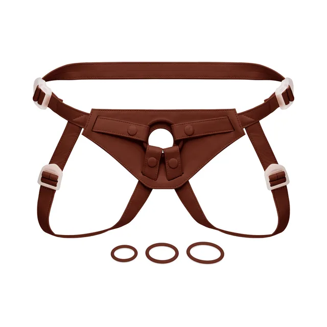 Together Toy NudeFit FlexCurv dark brown strap-on harness laid flat with three rings
