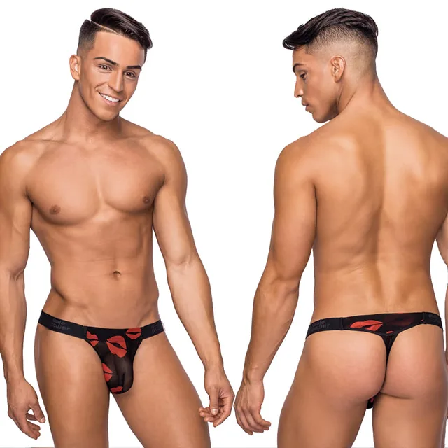 Male Power Kiss Me Micro Thong L XL front and rear views of black red lip-print design