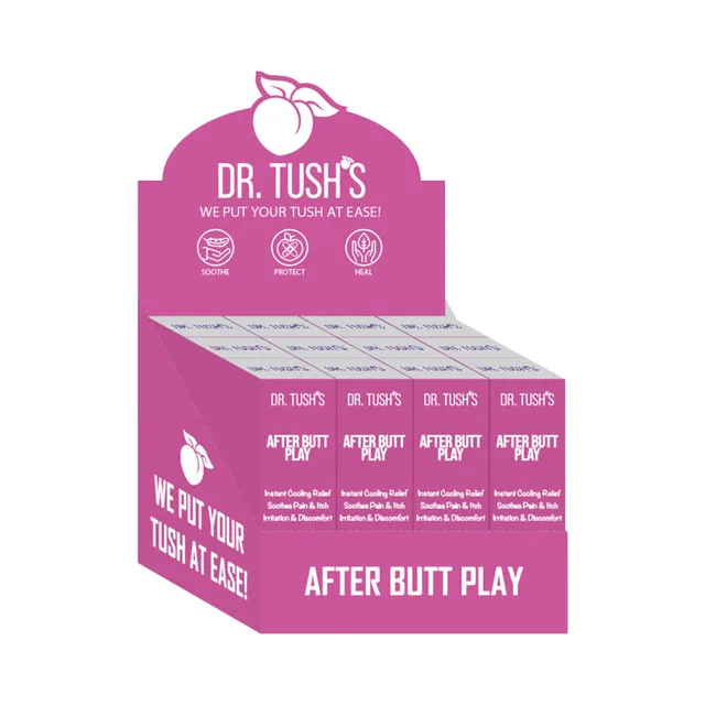 Dr. Tush's After Butt Play Pink 12-pack magenta counter display filled with retail cartons