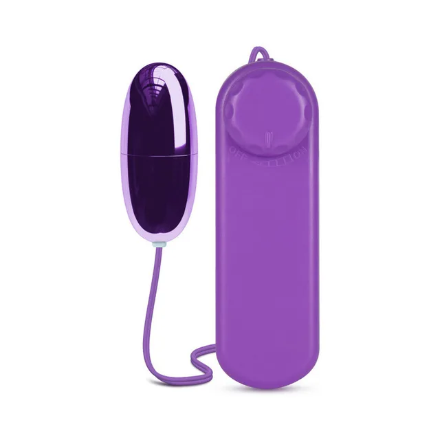 B Yours Power Bullet Purple egg vibrator beside handheld remote