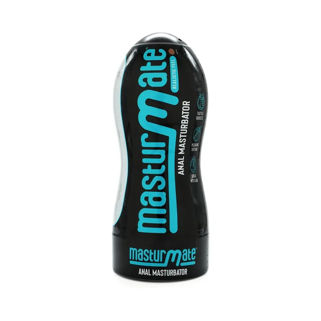 Front of black mocha-variant Masturmate anal container with teal lettering