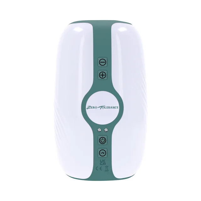 Zero Tolerance Touchdown white vibrating tightening stroker straight front view with teal control strip