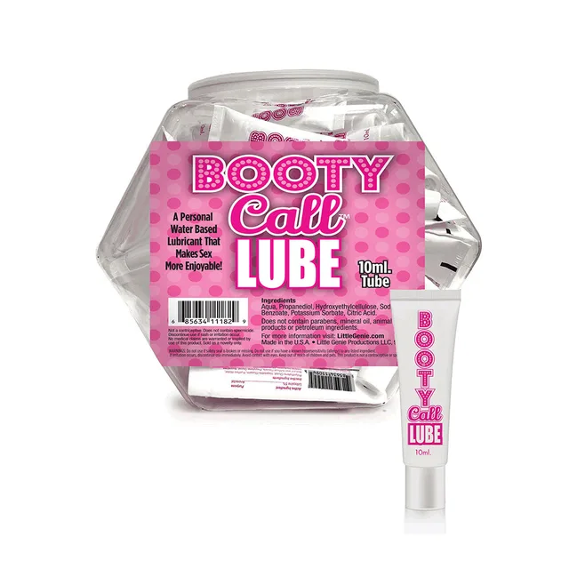 Booty Call Lube fishbowl display with individual 10 ml tubes