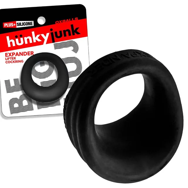 Oxballs Hunkyjunk Expander Black Fog cock ring retail package beside the deep scoop-shaped ring