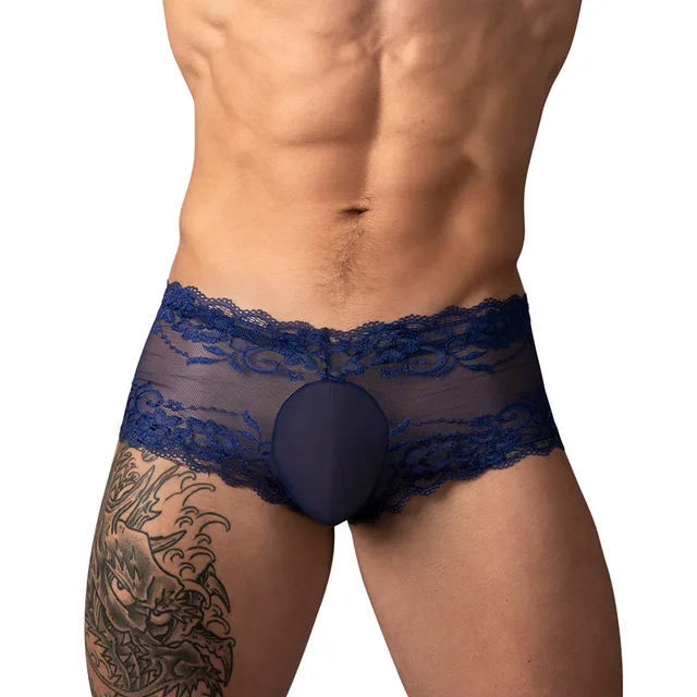 Male Power Sassy Lace Mini Short in navy size S worn from the front to show the sheer lace body and solid pouch
