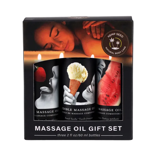 Earthly Body Edible Massage Oil Gift Set black windowed gift box with three bottles