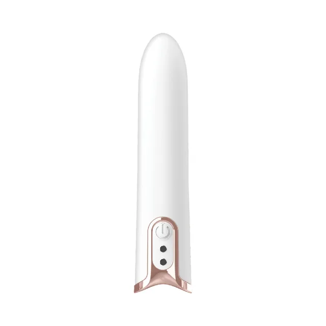 Front view of Gold Glam white bullet with rose-gold controls