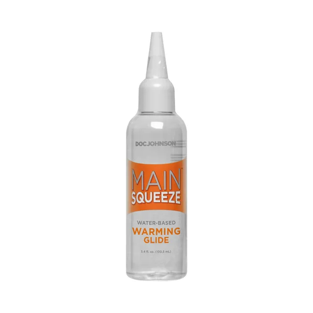 Doc Johnson Main Squeeze Warming 3.4 oz orange label bottle front