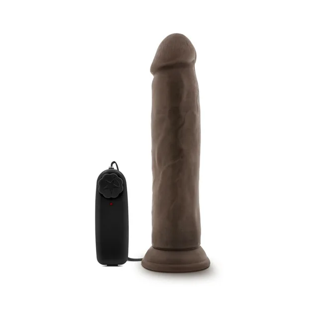 Blush Dr. Throb dark-brown vibrator upright front view beside black wired controller