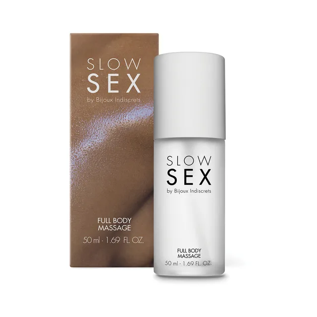 white Slow Sex Full Body Massage Gel pump bottle beside bronze retail carton