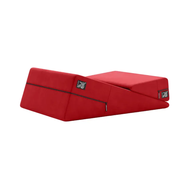 Liberator Wedge and Ramp Décor Velvet Red pillow combo two red angled pillows arranged side by side