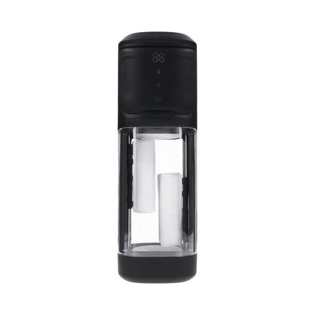Front view of Side Piece black stroker with clear chamber and white sleeve